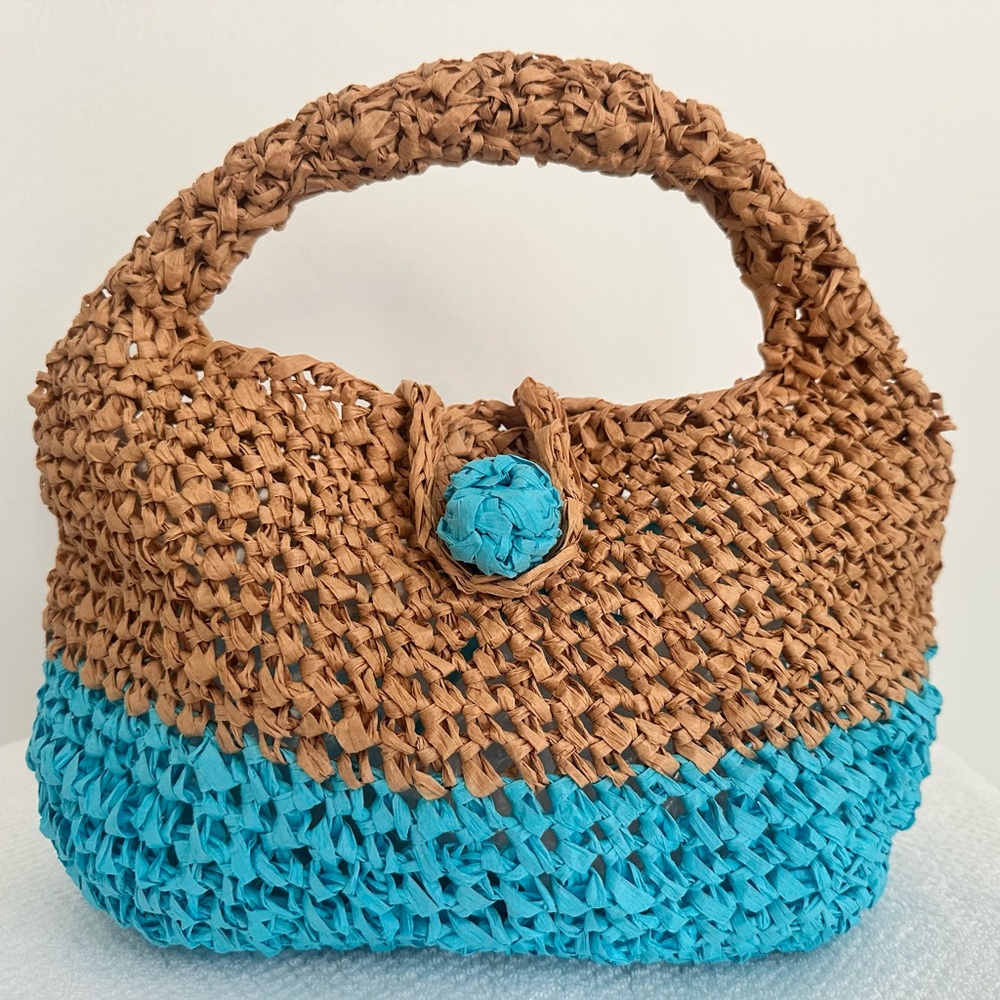 NEW Handcrafted Tan and Blue raffia  Woven small hobo bag